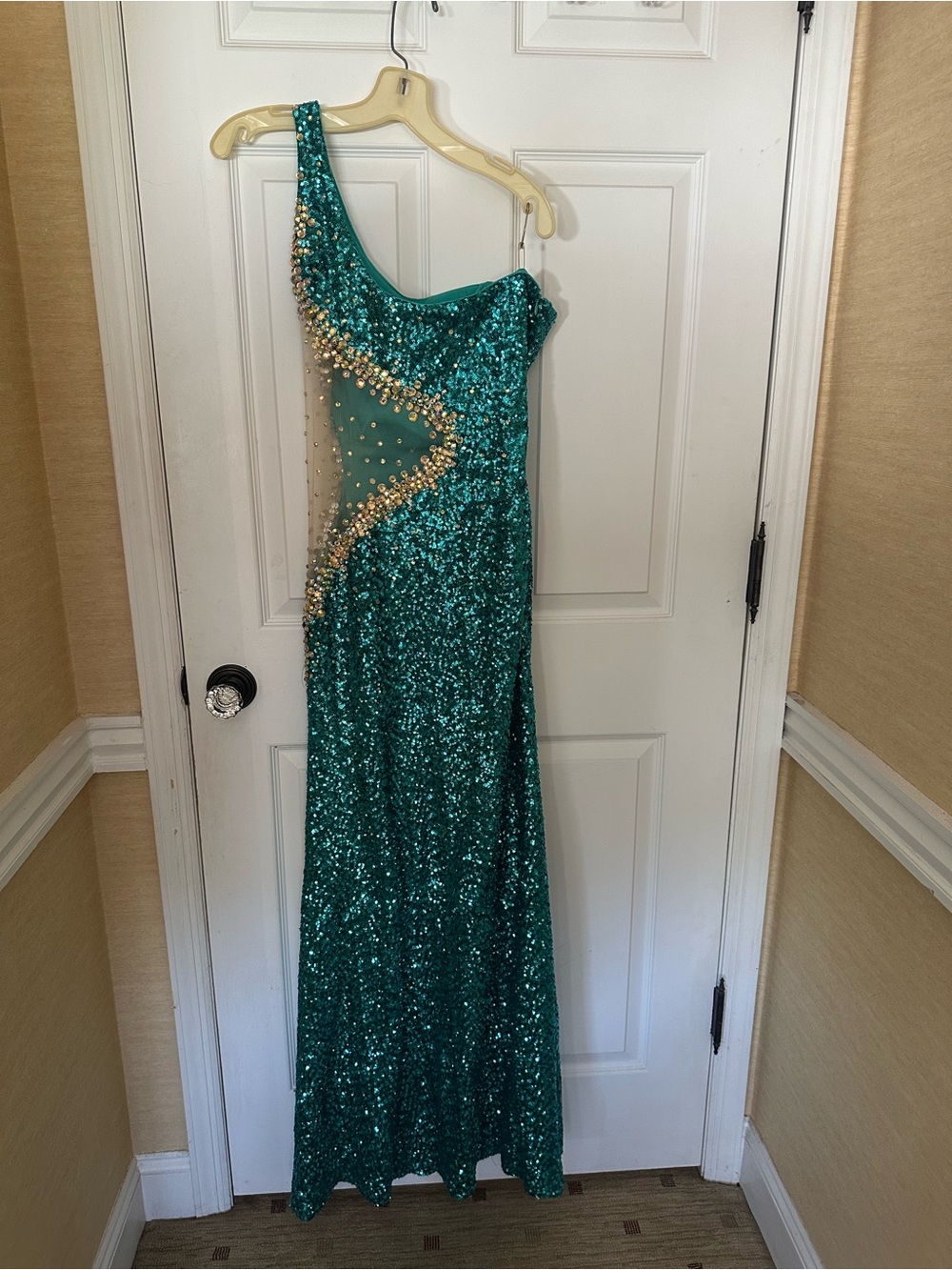 La Femme Teal Sequin One-Shoulder Evening Gown with Gold Accent
